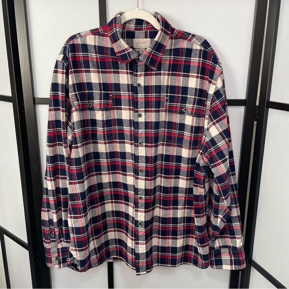 [XXL] Jach’s Men’s Red, Blue & Creme White Plaid Mid-Weight Button Down Shacket - Picture 4 of 15